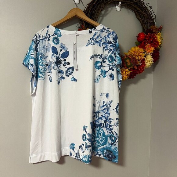 Jane + Delancey Womens Plus Size 1X Knit Top Short Sleeve White Blue Floral - Picture 4 of 8